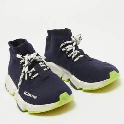 Pre Owned Balenciaga Navy Blue Knit Speed Trainer High Top Sneakers Size 38