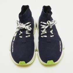 Pre Owned Balenciaga Navy Blue Knit Speed Trainer High Top Sneakers Size 38