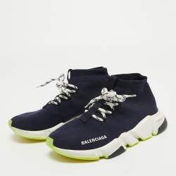 Pre Owned Balenciaga Navy Blue Knit Speed Trainer High Top Sneakers Size 38