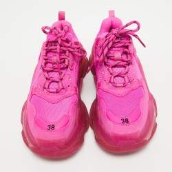 Pre Owned Balenciaga Pink Nubuck Leather and Mesh Triple S Clear Sole Sneakers Size 38