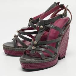 Balenciaga Grey Leather Ankle Strap Wedge Sandals Size 38