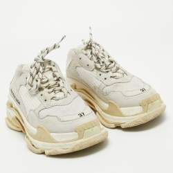 Pre Owned Balenciaga White/Grey Mesh and Leather Triple S Low Top Sneakers Size 37