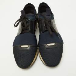 Balenciaga Black/Navy Blue Leather, Mesh and Suede Race Runner Sneakers Size 39