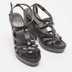Balenciaga Black Leather Arena Wedge Espadrille Ankle Strap Sandals Size 40