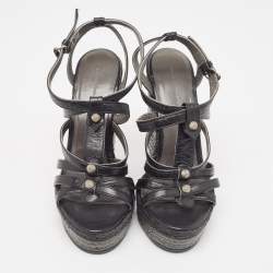 Balenciaga Black Leather Arena Wedge Espadrille Ankle Strap Sandals Size 40