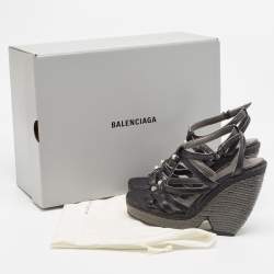 Balenciaga Black Leather Arena Wedge Espadrille Ankle Strap Sandals Size 40