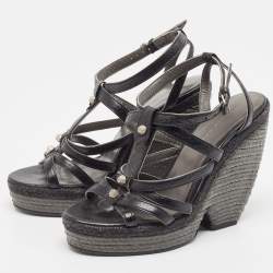 Balenciaga Black Leather Arena Wedge Espadrille Ankle Strap Sandals Size 40