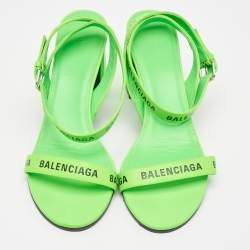 Pre Owned Balenciaga Neon Green Leather Allover Logo Ankle Strap Sandals Size 40