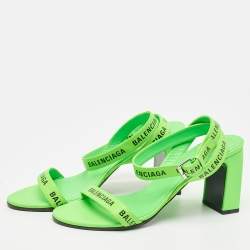 Pre Owned Balenciaga Neon Green Leather Allover Logo Ankle Strap Sandals Size 40