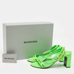 Pre Owned Balenciaga Neon Green Leather Allover Logo Ankle Strap Sandals Size 40