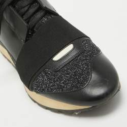Pre Owned Balenciaga Black Leather and Glitter Knit Fabric Race Runner Sneakers Size 37