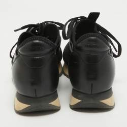 Pre Owned Balenciaga Black Leather and Glitter Knit Fabric Race Runner Sneakers Size 37