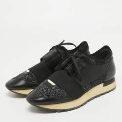 Pre Owned Balenciaga Black Leather and Glitter Knit Fabric Race Runner Sneakers Size 37