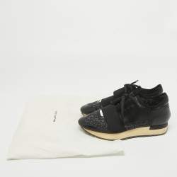 Pre Owned Balenciaga Black Leather and Glitter Knit Fabric Race Runner Sneakers Size 37