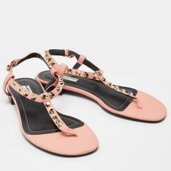 Pre Owned Balenciaga Peach/Black Leather Arena Thong Sandals Size 38