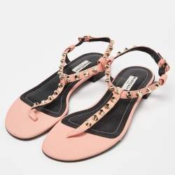 Pre Owned Balenciaga Peach/Black Leather Arena Thong Sandals Size 38