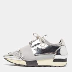 Balenciaga Silver Leather and Mesh Race Runner Sneakers Size 36