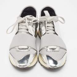 Balenciaga Silver Leather and Mesh Race Runner Sneakers Size 36