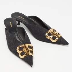 Pre Owned Balenciaga Black Denim BB Mules Size 36
