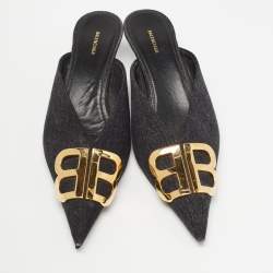 Pre Owned Balenciaga Black Denim BB Mules Size 36