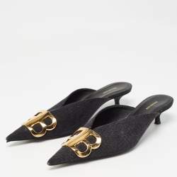 Pre Owned Balenciaga Black Denim BB Mules Size 36