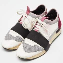 Balenciaga White/Burgundy Leather,Suede and Mesh Race Runner Sneakers Size 38