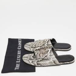 Pre Owned Balenciaga Grey/White Python Embossed Leather BB Flat Slides Size 7