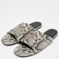 Pre Owned Balenciaga Grey/White Python Embossed Leather BB Flat Slides Size 7
