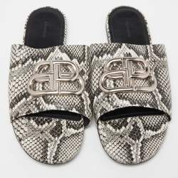 Pre Owned Balenciaga Grey/White Python Embossed Leather BB Flat Slides Size 7