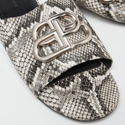 Pre Owned Balenciaga Grey/White Python Embossed Leather BB Flat Slides Size 7