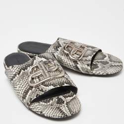 Pre Owned Balenciaga Grey/White Python Embossed Leather BB Flat Slides Size 7