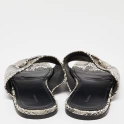 Pre Owned Balenciaga Grey/White Python Embossed Leather BB Flat Slides Size 7