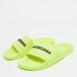 Pre Owned Balenciaga Light Green Rubber Pool Slide Flats Size 40