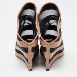 Pre Owned Balenciaga Brown/Black Leather and Mesh Glove Wedge Open Toe Sandals Size 39