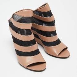 Pre Owned Balenciaga Brown/Black Leather and Mesh Glove Wedge Open Toe Sandals Size 39