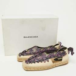 Balenciaga Multicolor Canvas and Floral Print Lace Up Espadrille Flat Sandals Size 36