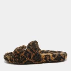 Balenciaga Brown/Black Fur Leopard Print Flat Slides Size 39