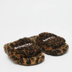Balenciaga Brown/Black Fur Leopard Print Flat Slides Size 39