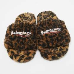 Balenciaga Brown/Black Fur Leopard Print Flat Slides Size 39