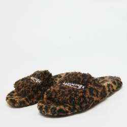 Balenciaga Brown/Black Fur Leopard Print Flat Slides Size 39