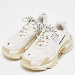 Balenciaga White Mesh and Faux Leather Triple S Lace Up Sneakers Size 37