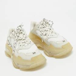 Balenciaga White Mesh and Leather Triple S Clear Sole Sneakers Size 34