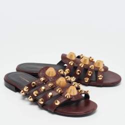 Balenciaga Burgundy Leather Studded Arena Flat Slides Size 36