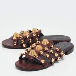 Balenciaga Burgundy Leather Studded Arena Flat Slides Size 36