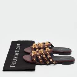 Balenciaga Burgundy Leather Studded Arena Flat Slides Size 36