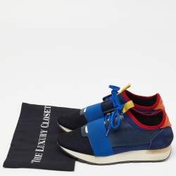 Balenciaga Navy Blue Leather,Suede,Neoprene and Mesh Race Runner Sneakers Size 38