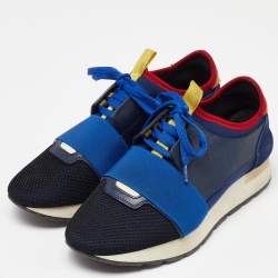 Balenciaga Navy Blue Leather,Suede,Neoprene and Mesh Race Runner Sneakers Size 38