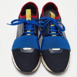 Balenciaga Navy Blue Leather,Suede,Neoprene and Mesh Race Runner Sneakers Size 38