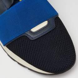Balenciaga Navy Blue Leather,Suede,Neoprene and Mesh Race Runner Sneakers Size 38