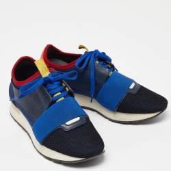 Balenciaga Navy Blue Leather,Suede,Neoprene and Mesh Race Runner Sneakers Size 38